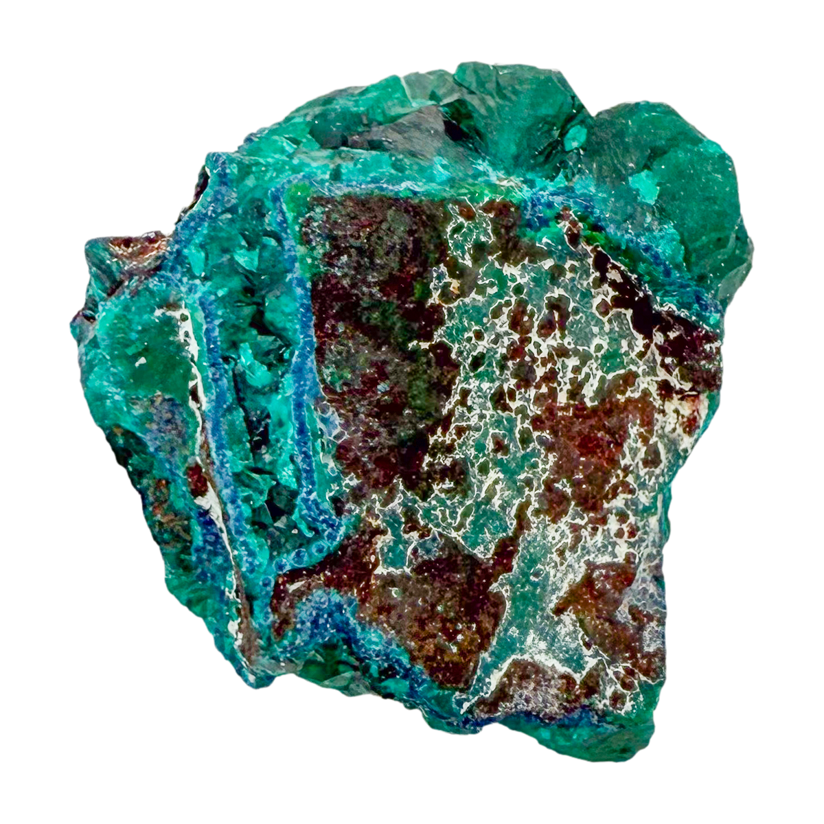 Raw dioptase crystal specimen from the Republic of the Congo, deep emerald-green druzy on matrix, specimen 15, view 4