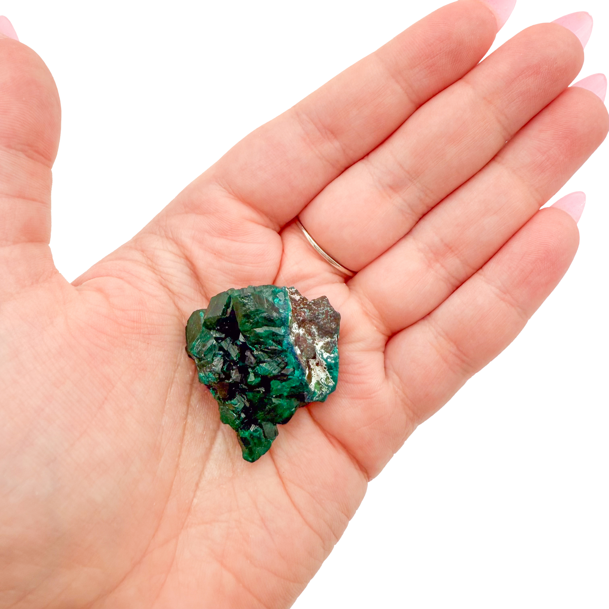 Dioptase crystal specimen from the Republic of the Congo held in hand for scale, deep emerald-green druzy, specimen 15