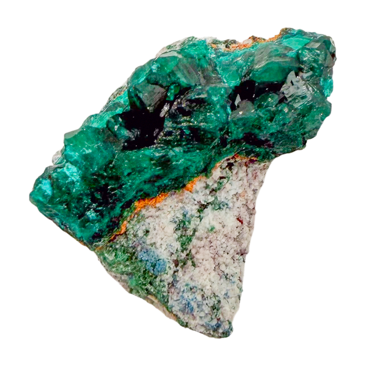 Raw dioptase crystal specimen from the Republic of the Congo, deep emerald-green druzy on matrix, specimen 16, view 1