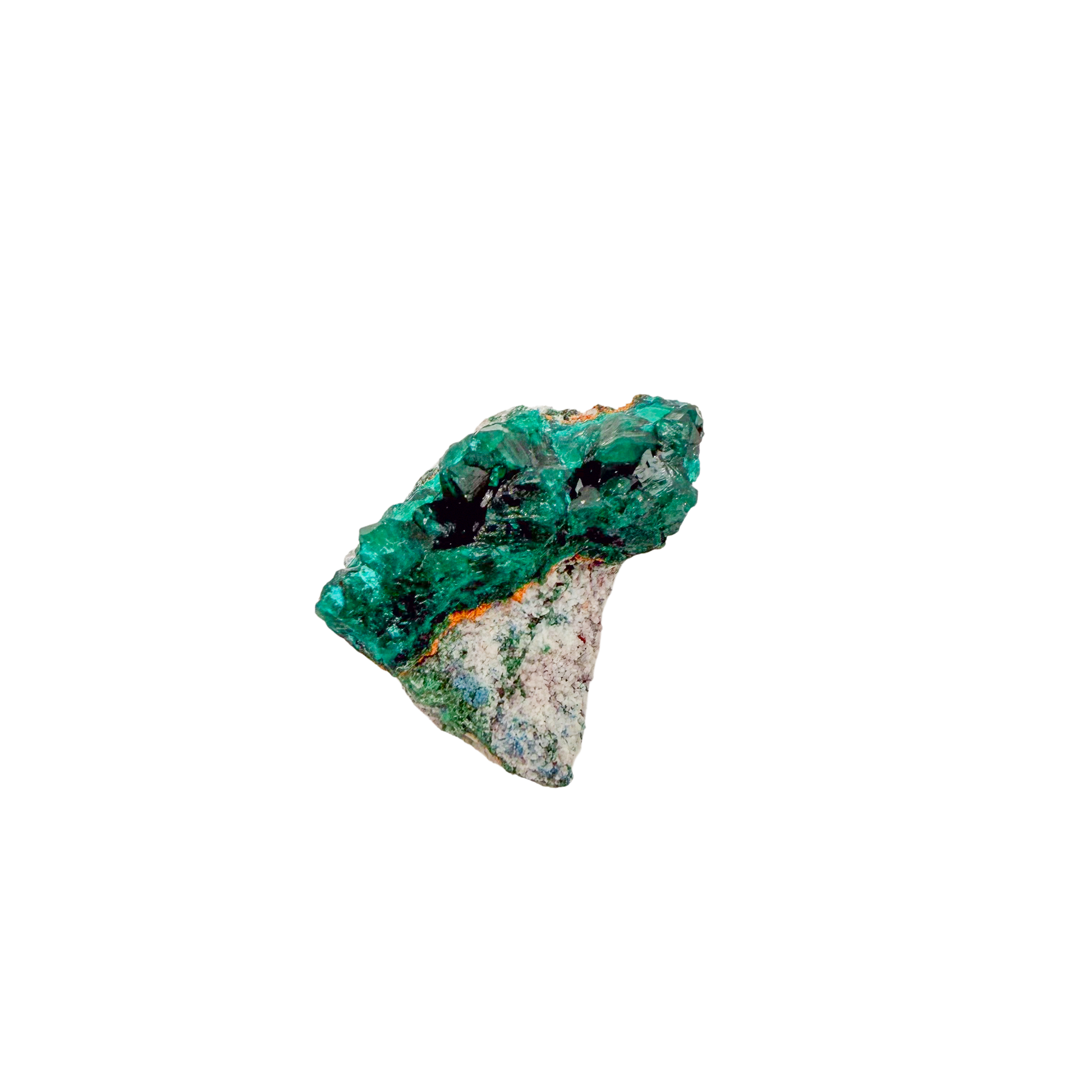 Raw dioptase crystal specimen from the Republic of the Congo, deep emerald-green druzy on matrix, specimen 16, view 1