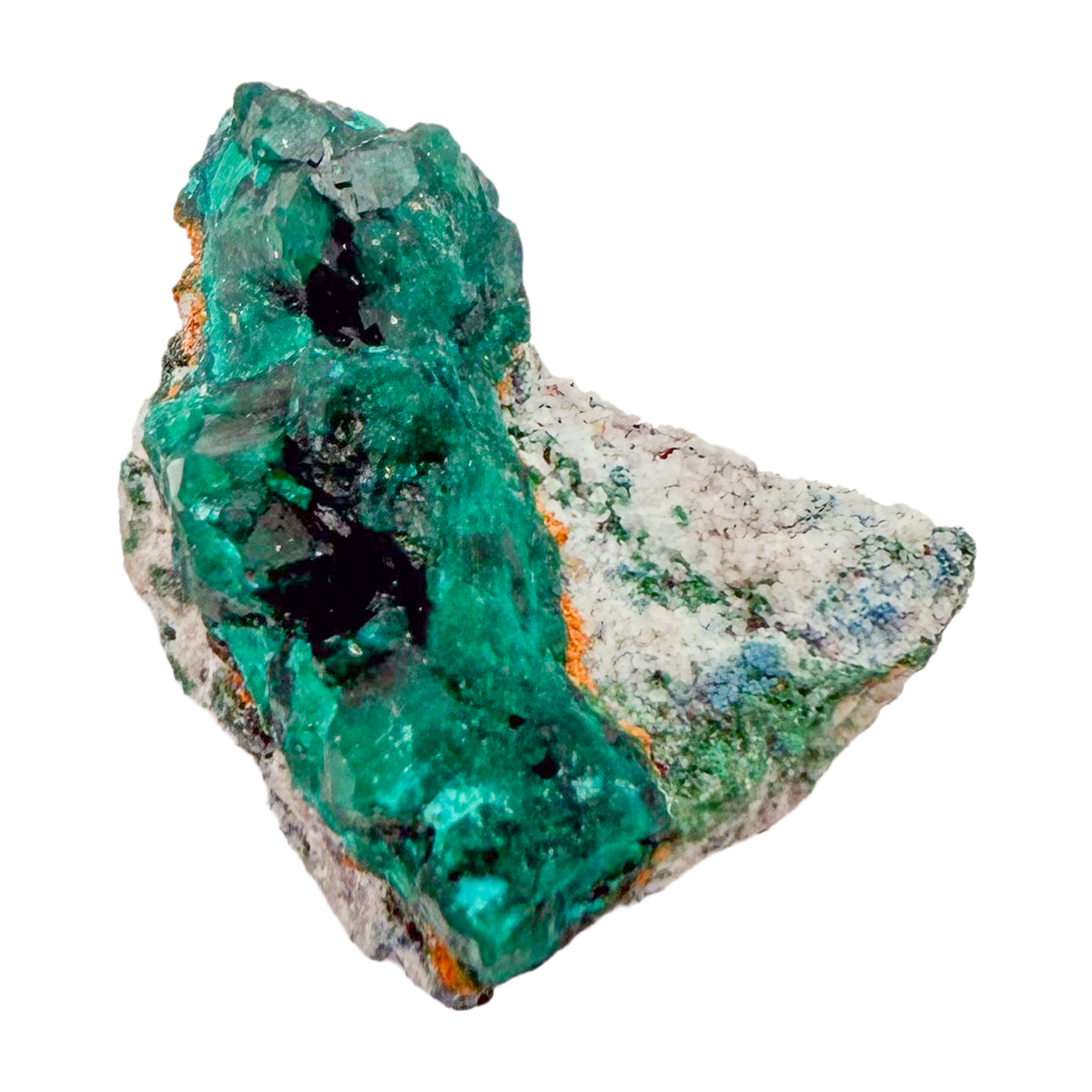 Raw dioptase crystal specimen from the Republic of the Congo, deep emerald-green druzy on matrix, specimen 16, view 2