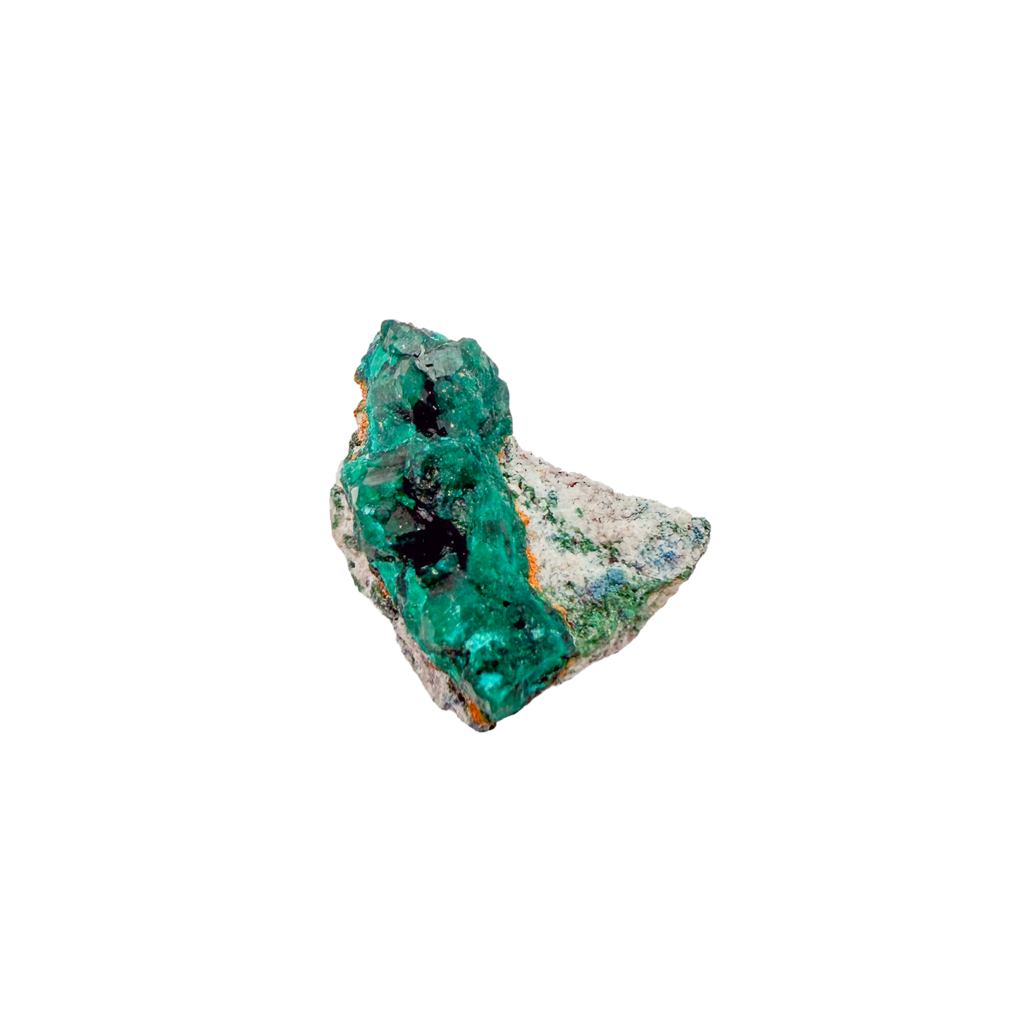Raw dioptase crystal specimen from the Republic of the Congo, deep emerald-green druzy on matrix, specimen 16, view 2