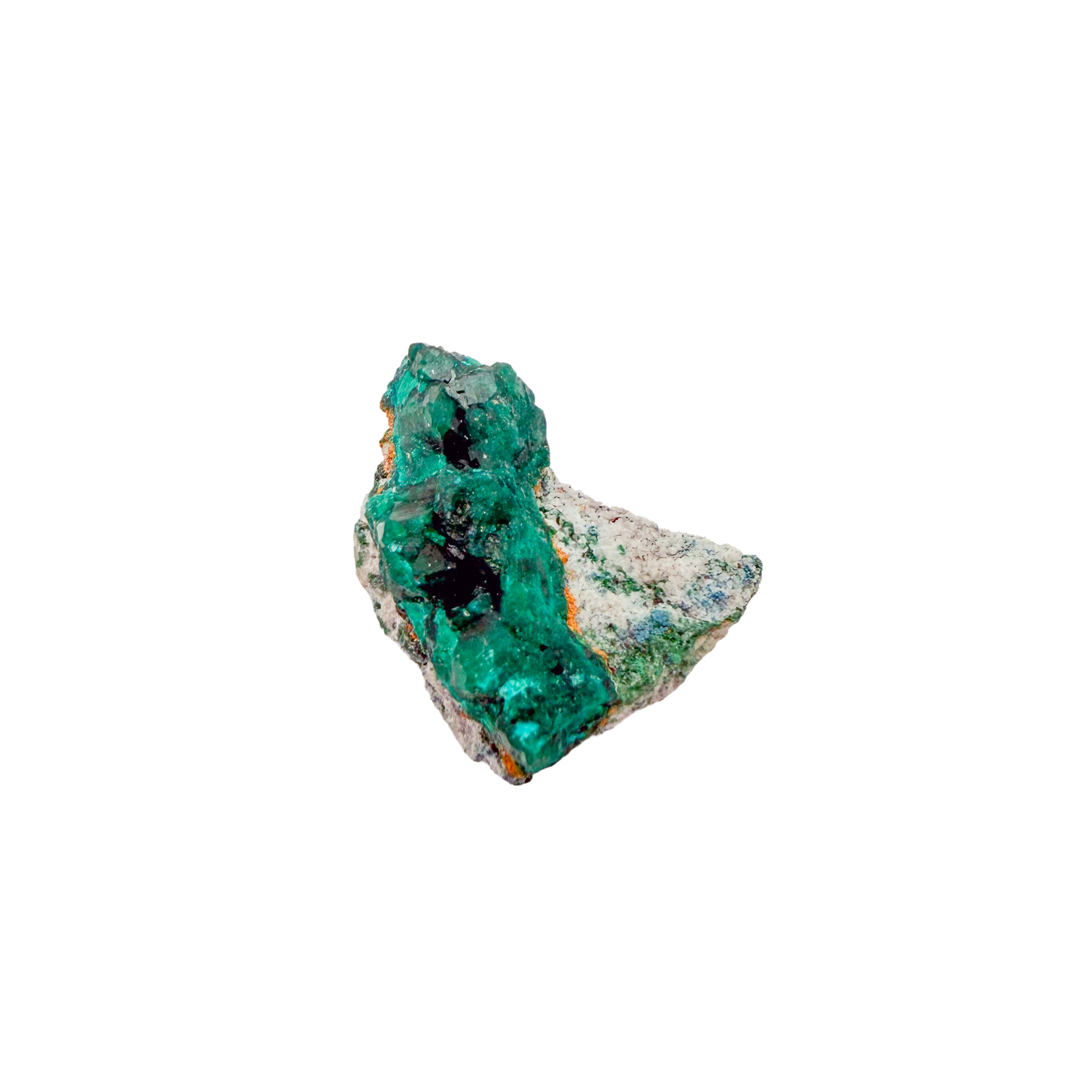 Raw dioptase crystal specimen from the Republic of the Congo, deep emerald-green druzy on matrix, specimen 16, view 2