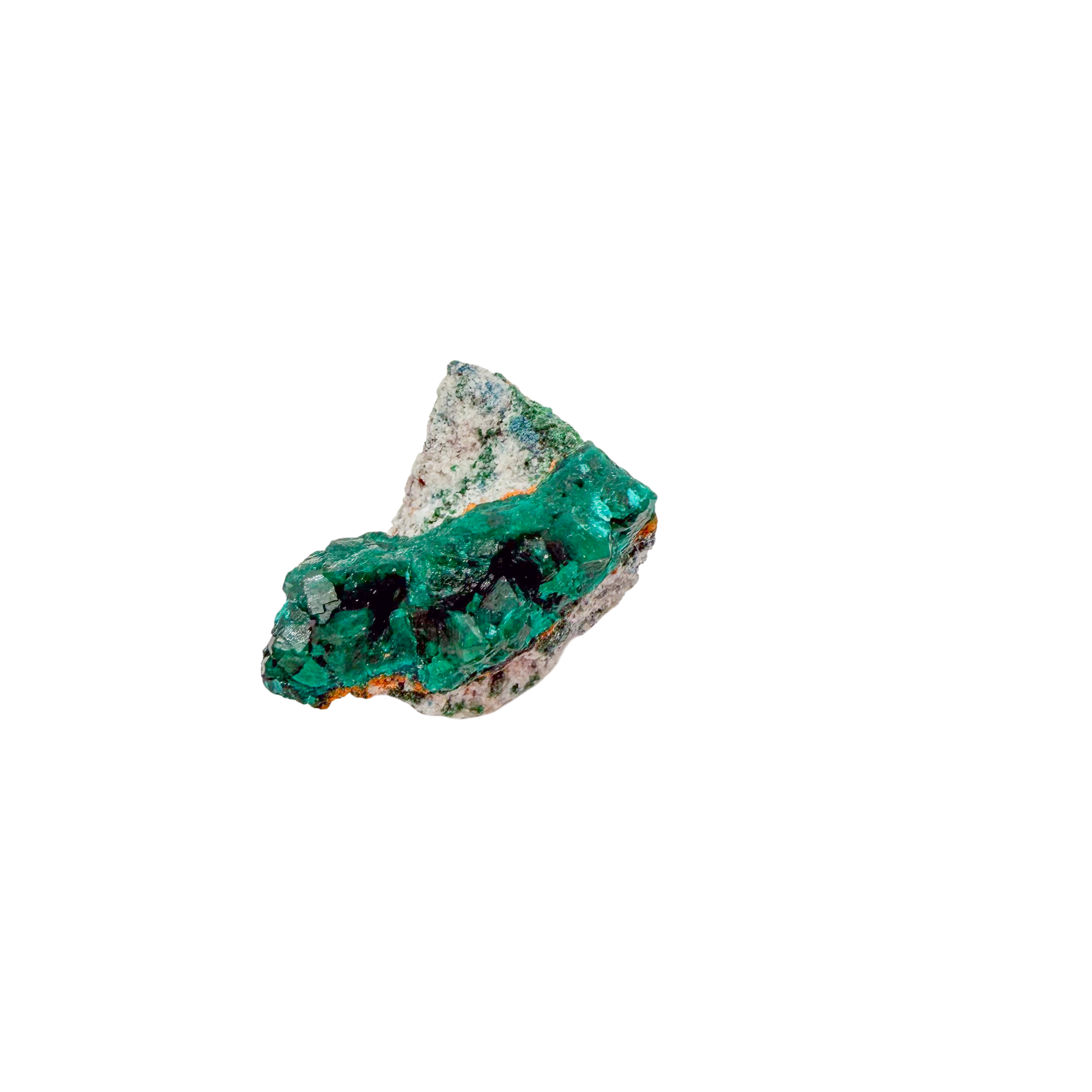 Raw dioptase crystal specimen from the Republic of the Congo, deep emerald-green druzy on matrix, specimen 16, view 3