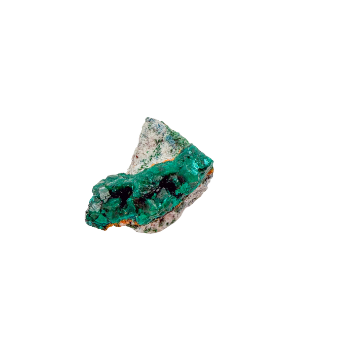 Raw dioptase crystal specimen from the Republic of the Congo, deep emerald-green druzy on matrix, specimen 16, view 3