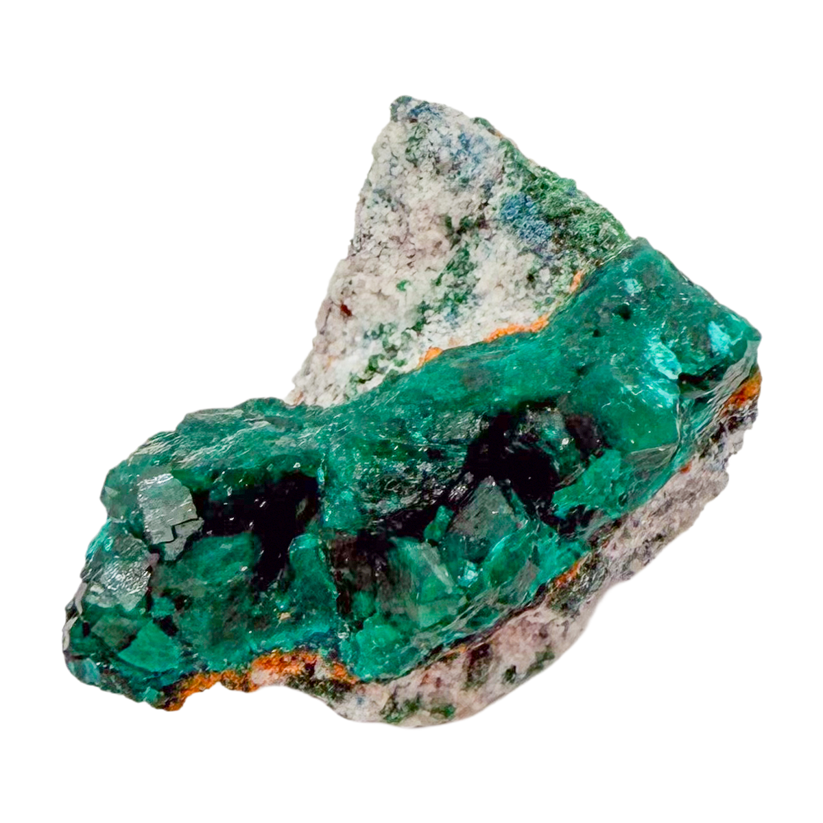 Raw dioptase crystal specimen from the Republic of the Congo, deep emerald-green druzy on matrix, specimen 16, view 3