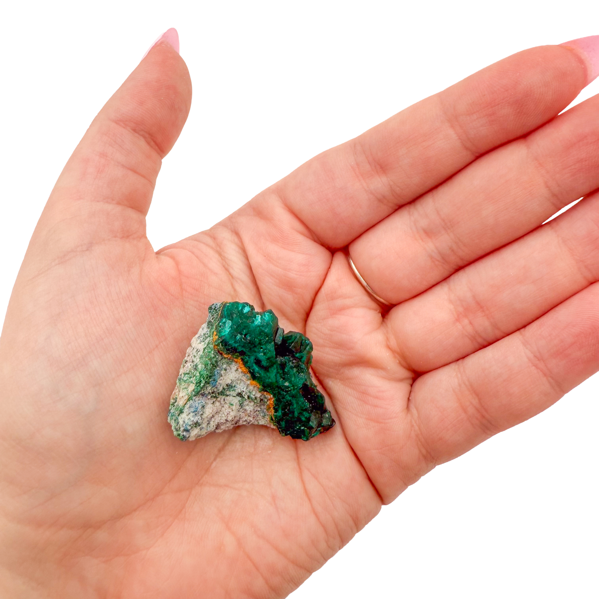 Dioptase crystal specimen from the Republic of the Congo held in hand for scale, deep emerald-green druzy, specimen 16