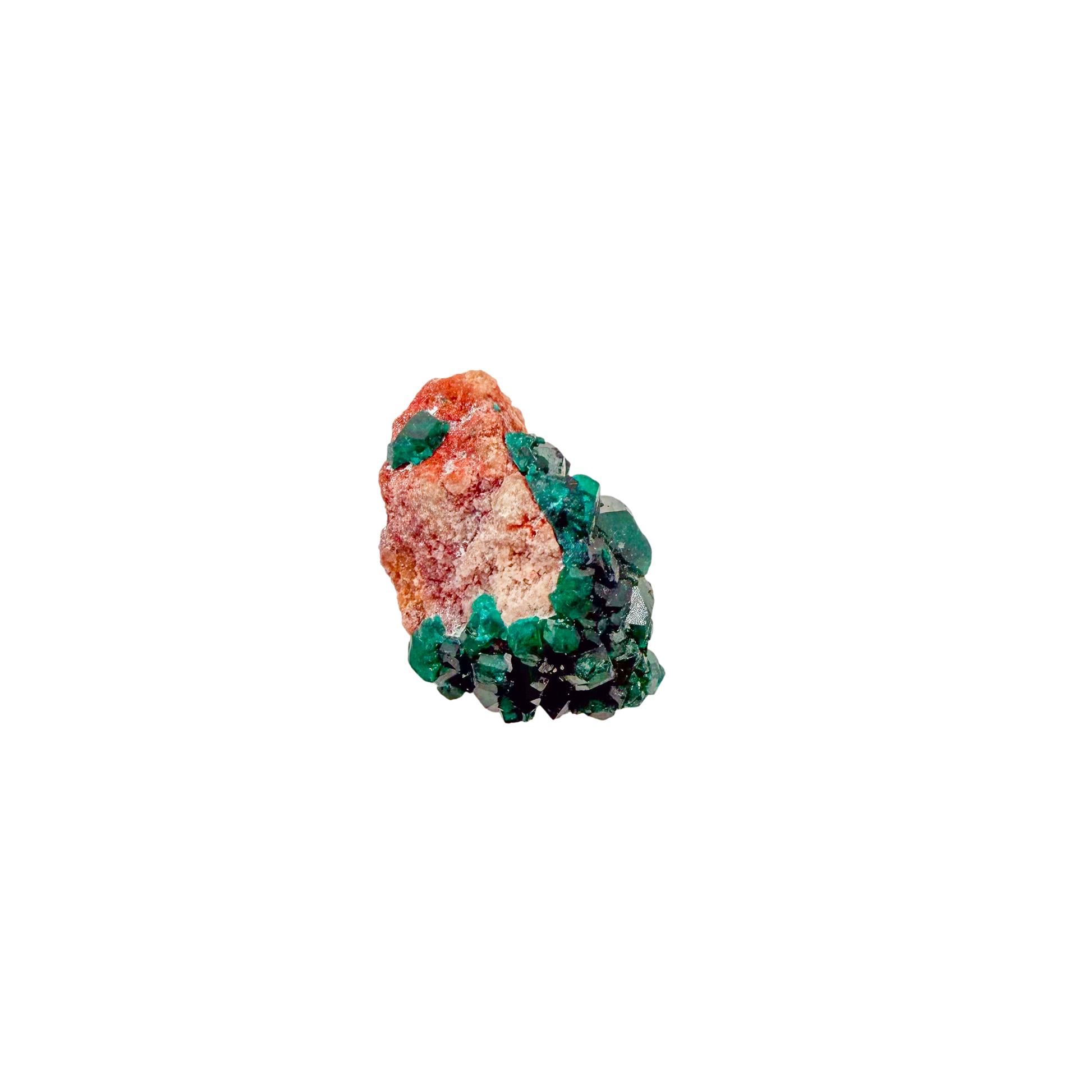 Raw dioptase crystal specimen from the Republic of the Congo, deep emerald-green druzy on matrix, specimen 17, view 1