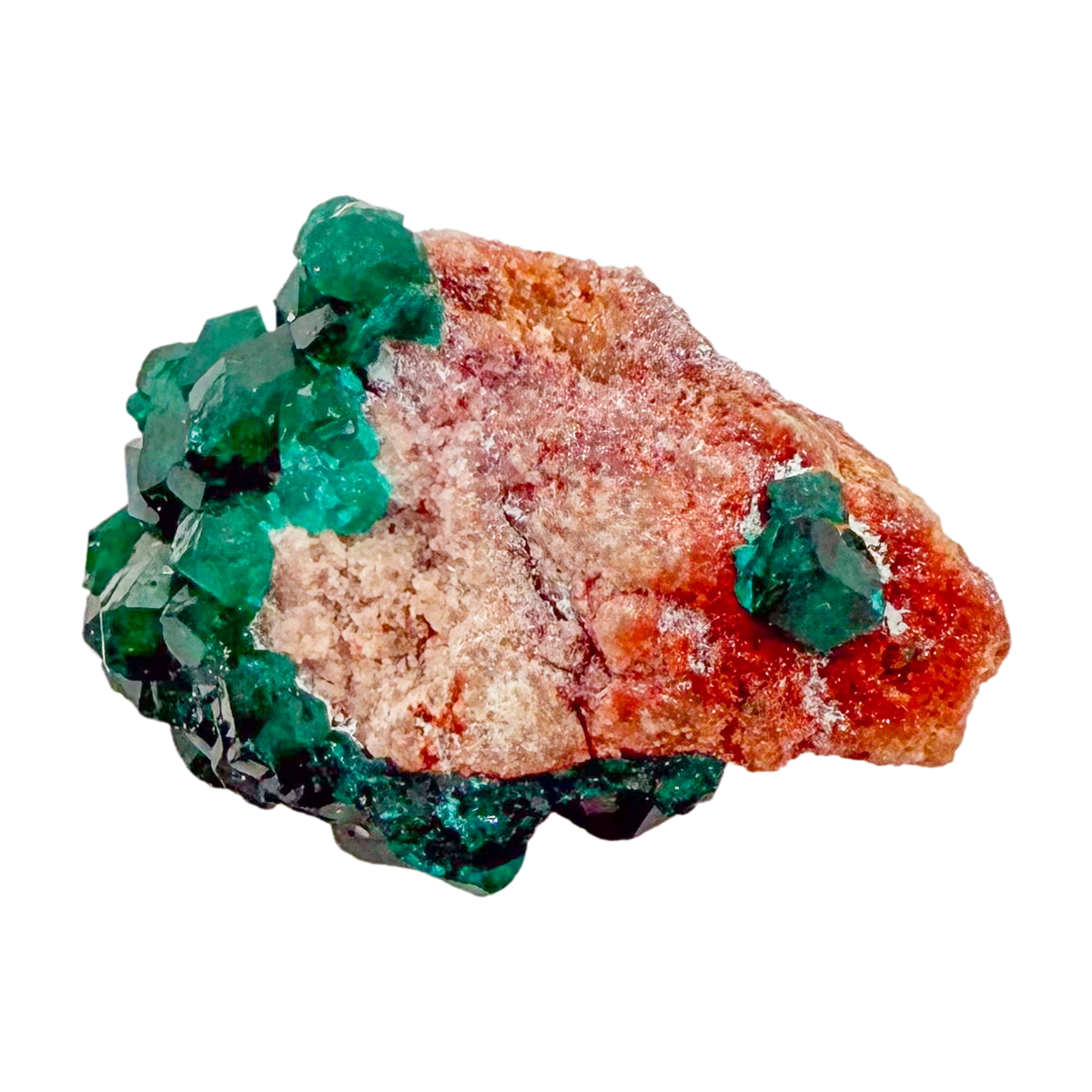 Raw dioptase crystal specimen from the Republic of the Congo, deep emerald-green druzy on matrix, specimen 17, view 2
