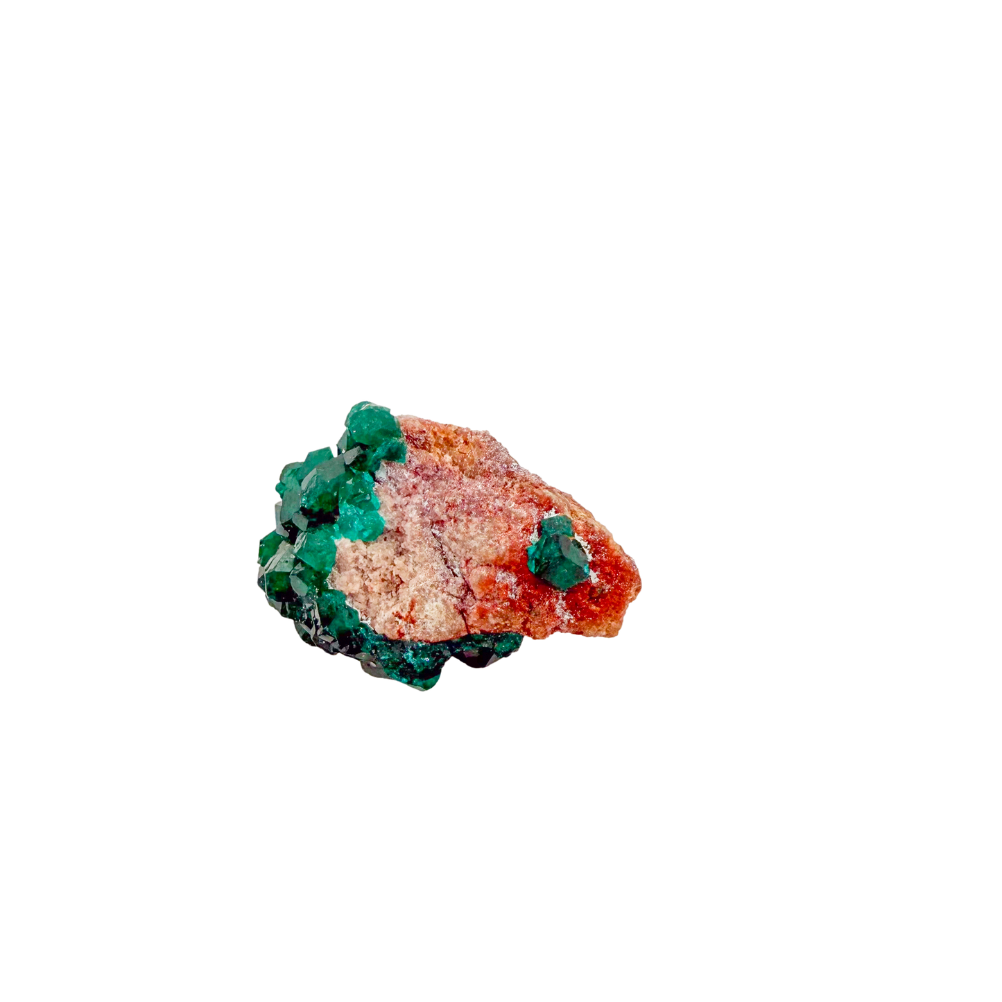 Raw dioptase crystal specimen from the Republic of the Congo, deep emerald-green druzy on matrix, specimen 17, view 2