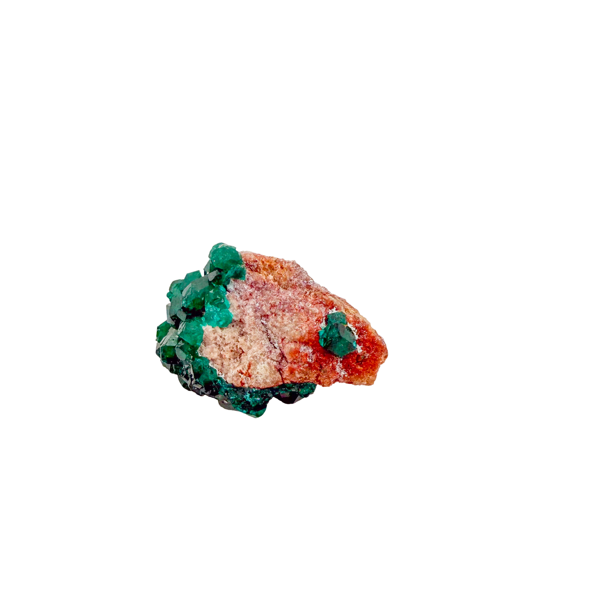 Raw dioptase crystal specimen from the Republic of the Congo, deep emerald-green druzy on matrix, specimen 17, view 2