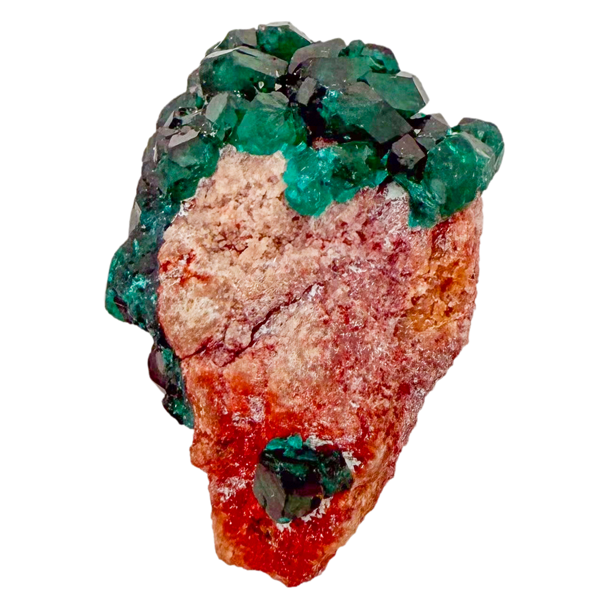 Raw dioptase crystal specimen from the Republic of the Congo, deep emerald-green druzy on matrix, specimen 17, view 3