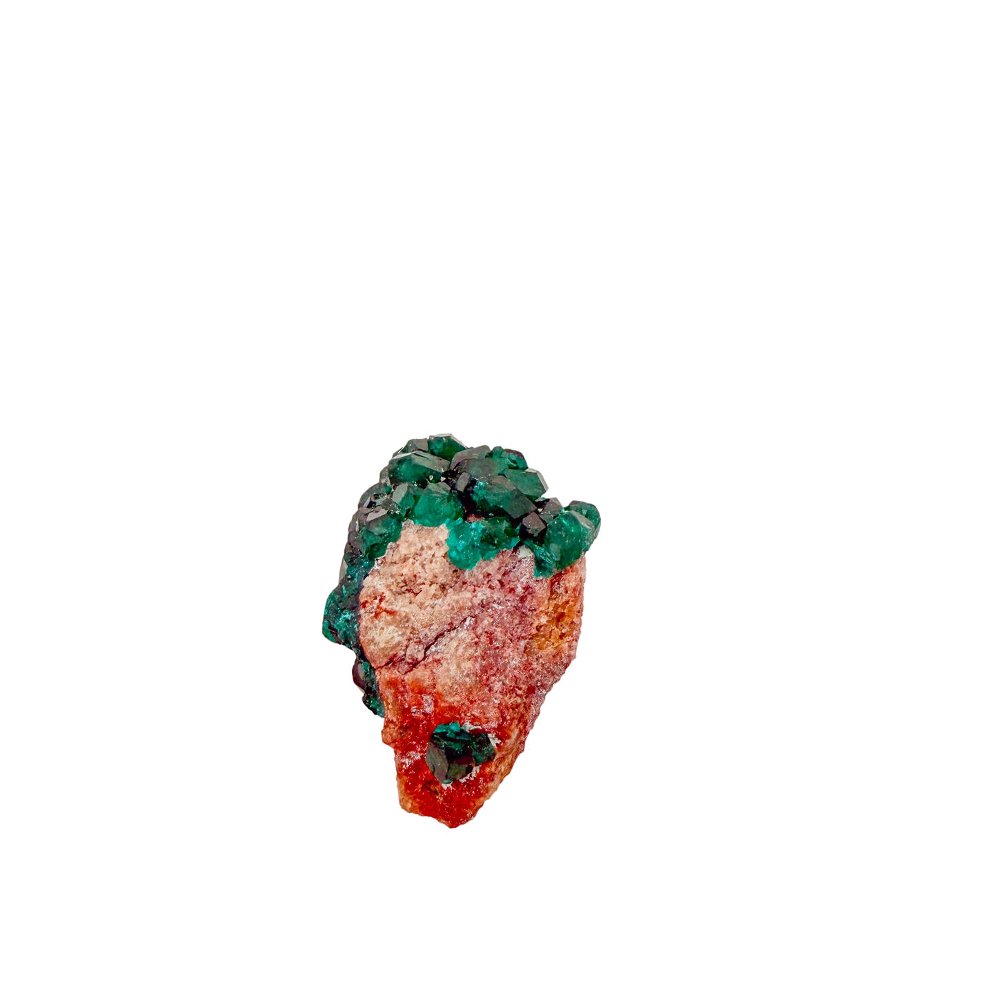 Raw dioptase crystal specimen from the Republic of the Congo, deep emerald-green druzy on matrix, specimen 17, view 3
