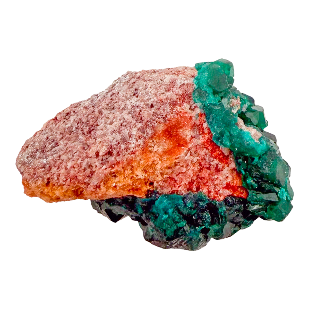 Raw dioptase crystal specimen from the Republic of the Congo, deep emerald-green druzy on matrix, specimen 17, view 4