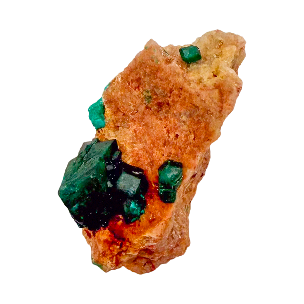 Raw dioptase crystal specimen from the Republic of the Congo, deep emerald-green druzy on matrix, specimen 18, view 1
