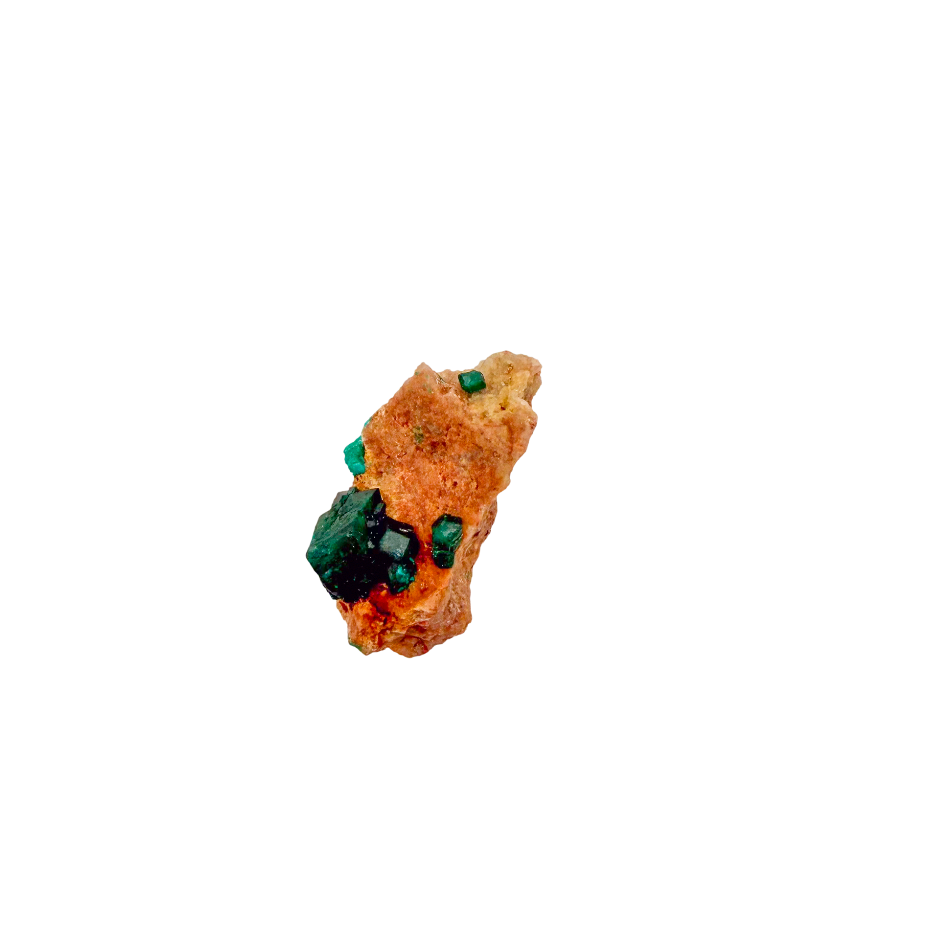 Raw dioptase crystal specimen from the Republic of the Congo, deep emerald-green druzy on matrix, specimen 18, view 1