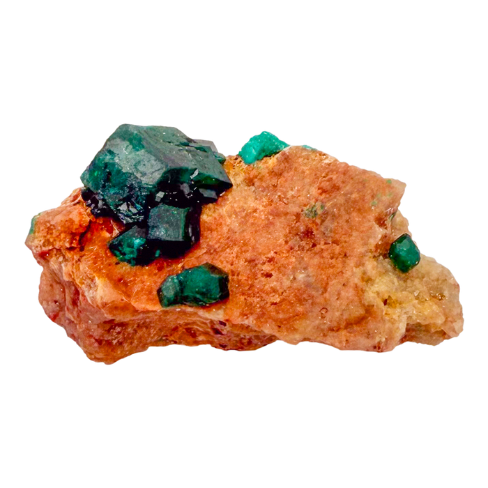 Raw dioptase crystal specimen from the Republic of the Congo, deep emerald-green druzy on matrix, specimen 18, view 2