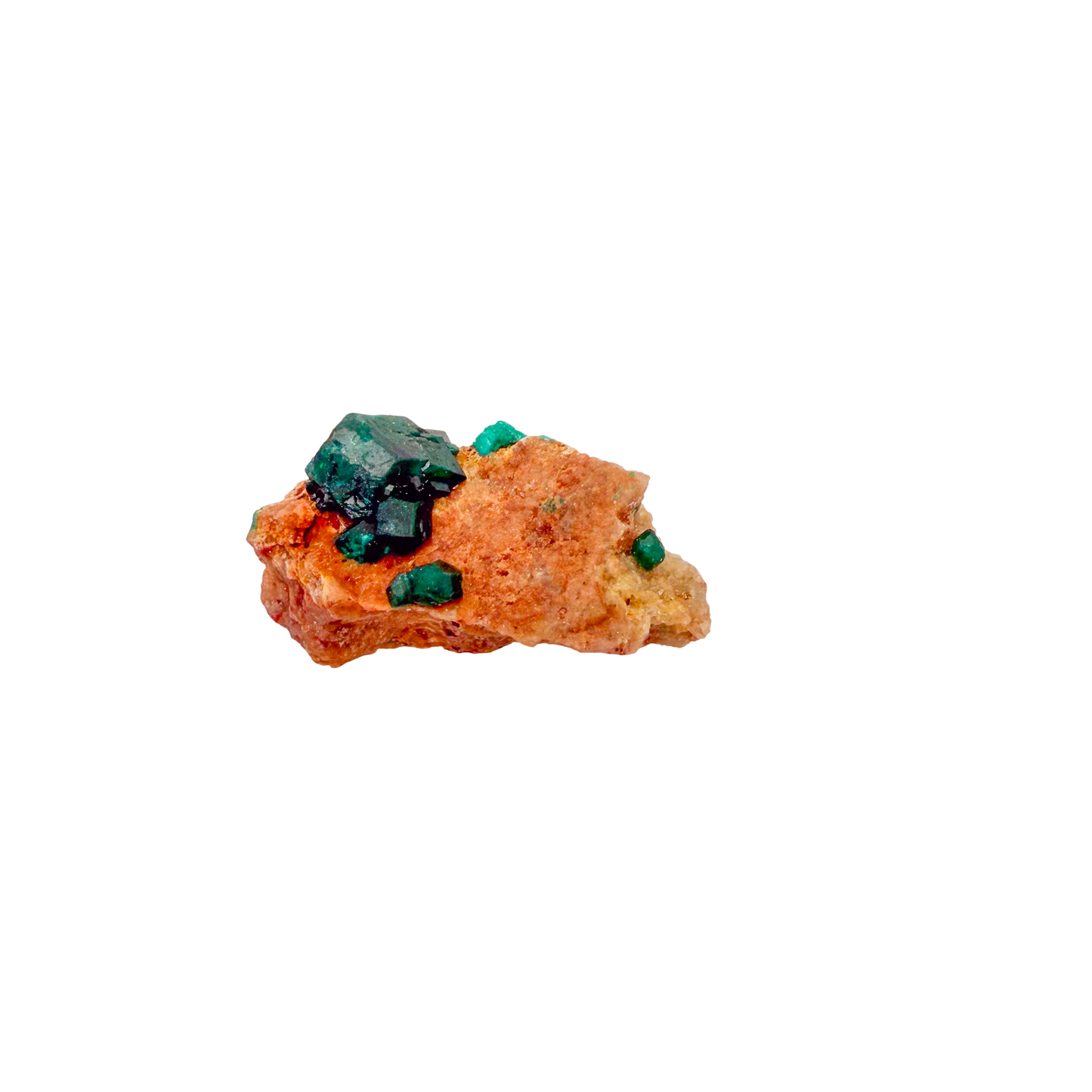 Raw dioptase crystal specimen from the Republic of the Congo, deep emerald-green druzy on matrix, specimen 18, view 2