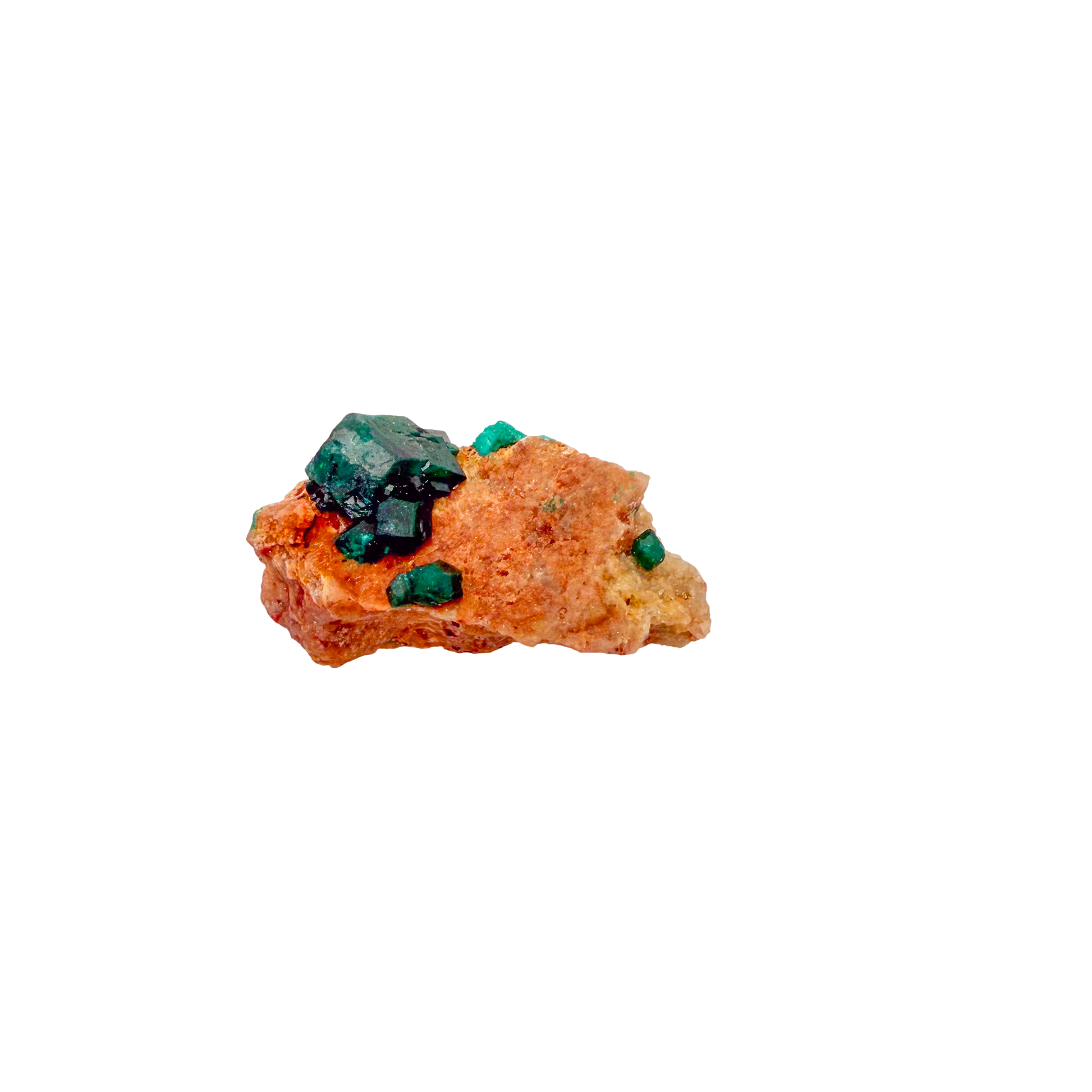 Raw dioptase crystal specimen from the Republic of the Congo, deep emerald-green druzy on matrix, specimen 18, view 2