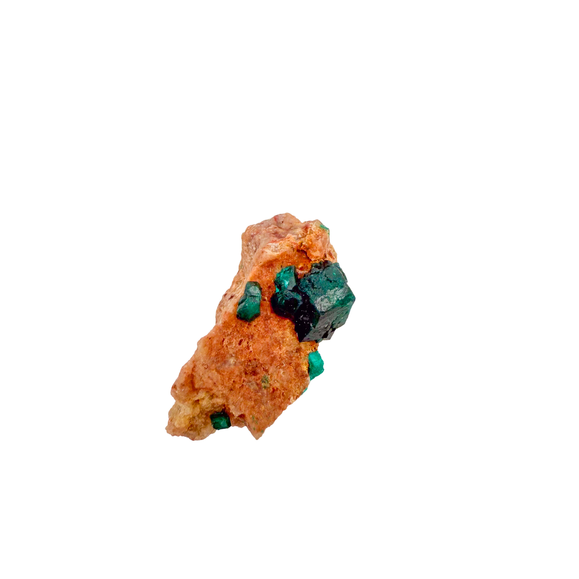 Raw dioptase crystal specimen from the Republic of the Congo, deep emerald-green druzy on matrix, specimen 18, view 3