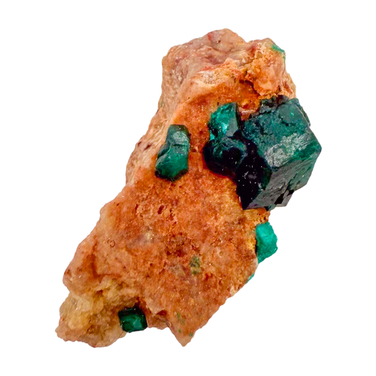 Raw dioptase crystal specimen from the Republic of the Congo, deep emerald-green druzy on matrix, specimen 18, view 3
