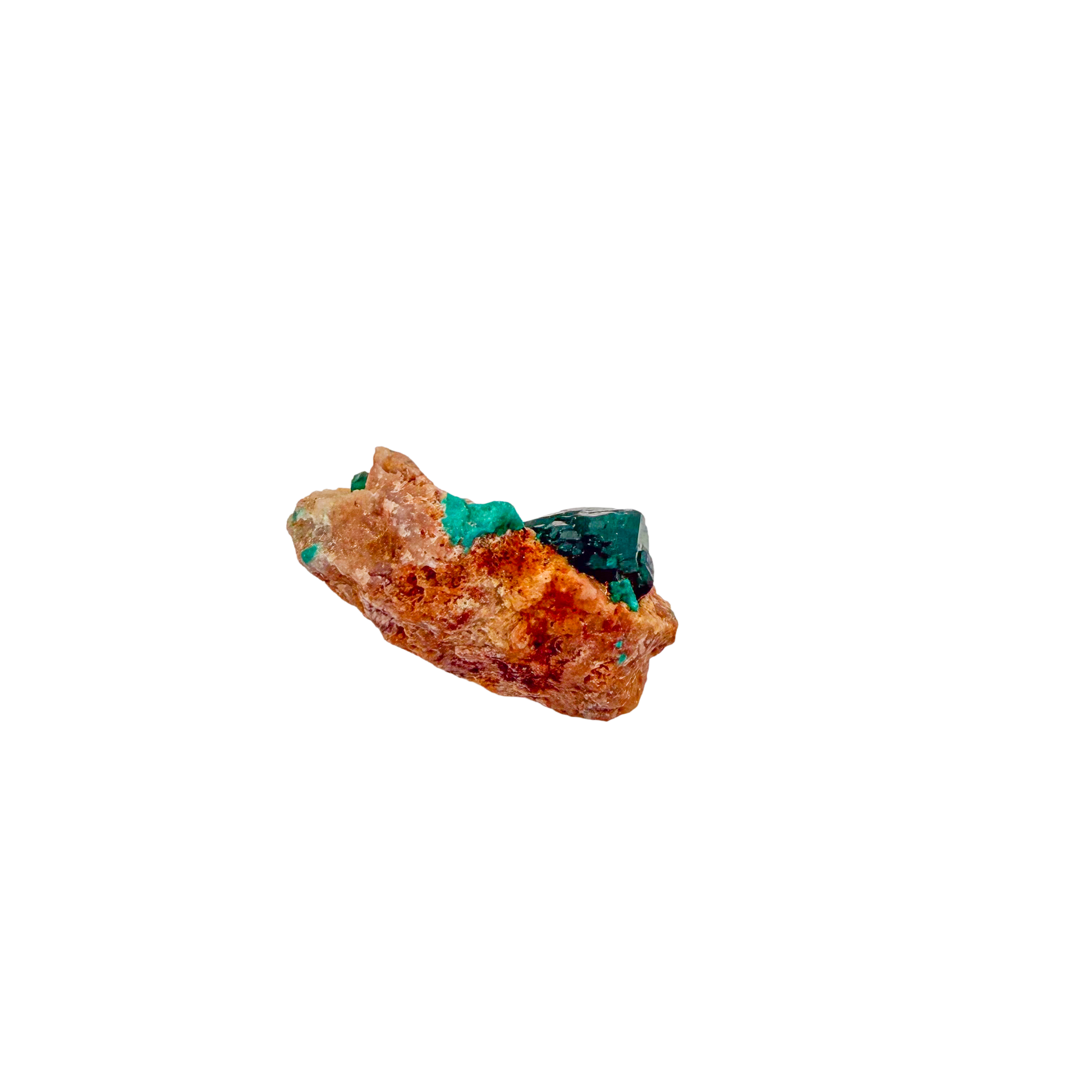 Raw dioptase crystal specimen from the Republic of the Congo, deep emerald-green druzy on matrix, specimen 18, view 4