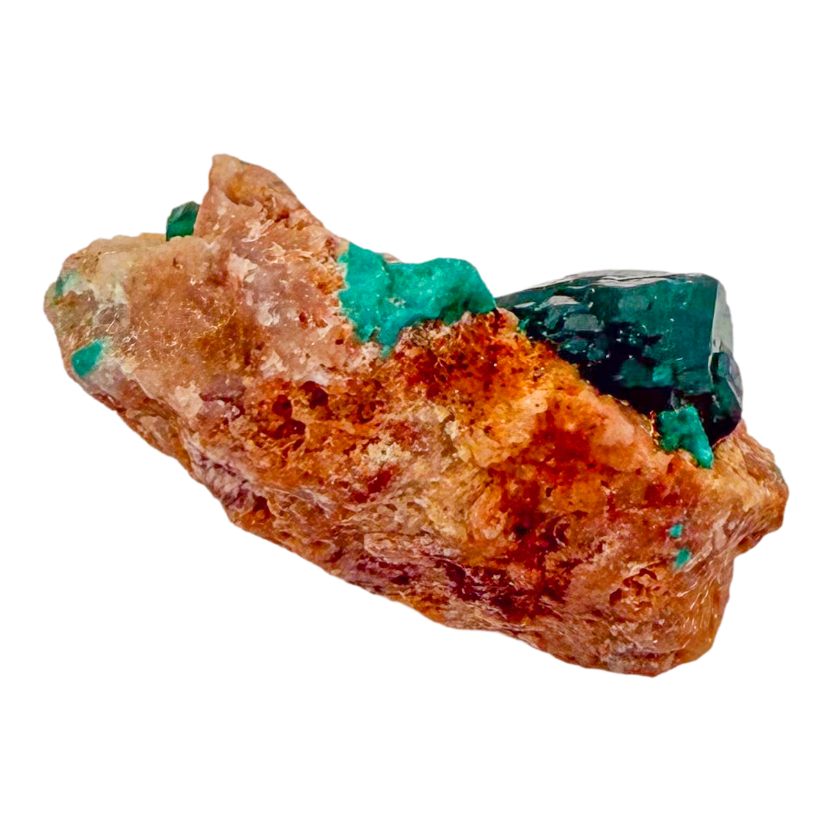 Raw dioptase crystal specimen from the Republic of the Congo, deep emerald-green druzy on matrix, specimen 18, view 4