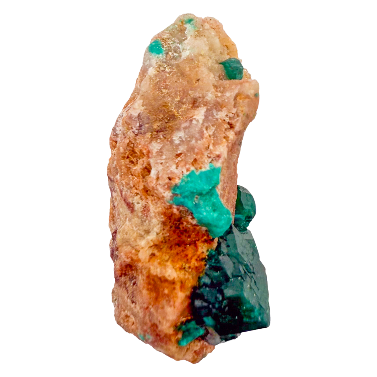 Raw dioptase crystal specimen from the Republic of the Congo, deep emerald-green druzy on matrix, specimen 18, view 5
