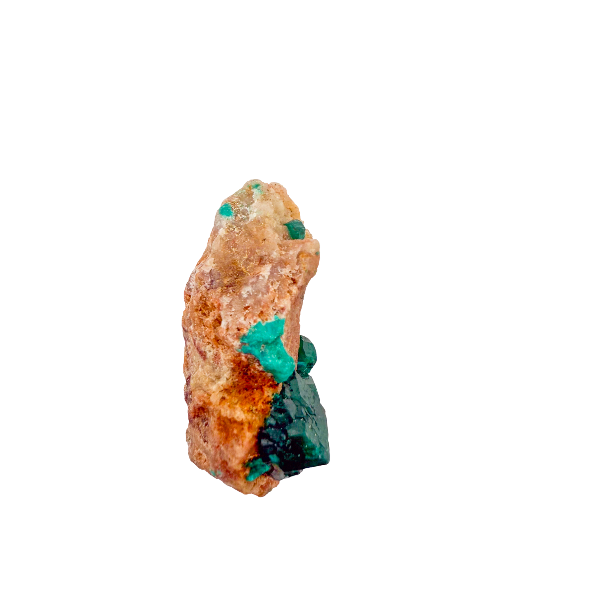 Raw dioptase crystal specimen from the Republic of the Congo, deep emerald-green druzy on matrix, specimen 18, view 5