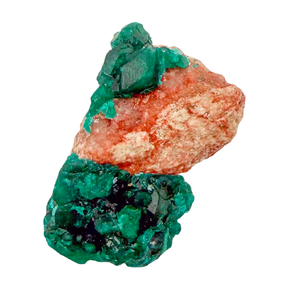 Raw dioptase crystal specimen from the Republic of the Congo, deep emerald-green druzy on matrix, specimen 19, view 1