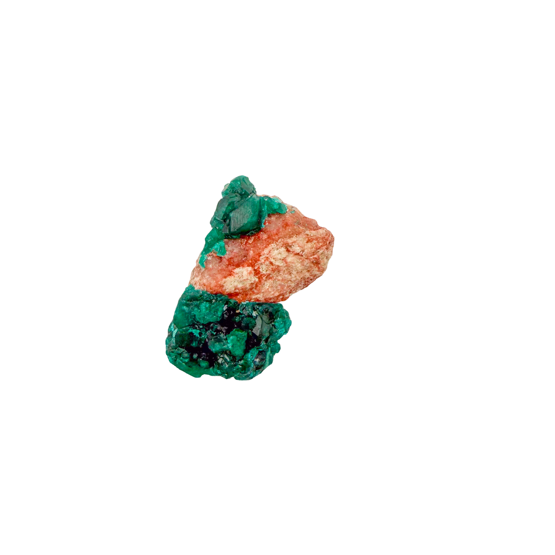 Raw dioptase crystal specimen from the Republic of the Congo, deep emerald-green druzy on matrix, specimen 19, view 1