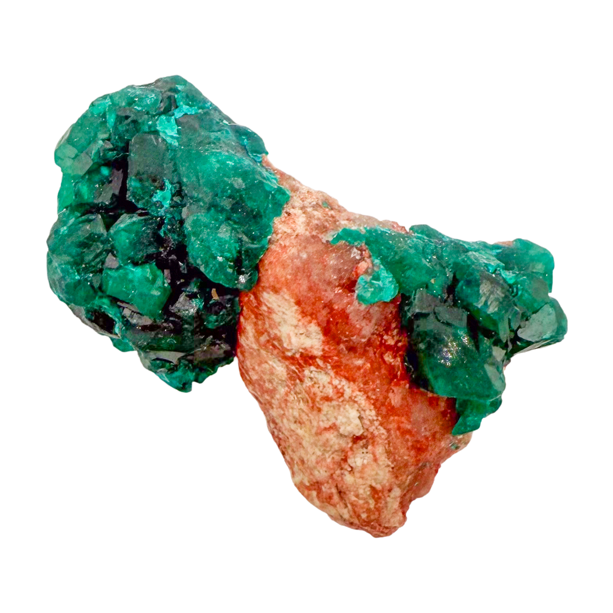 Raw dioptase crystal specimen from the Republic of the Congo, deep emerald-green druzy on matrix, specimen 19, view 2