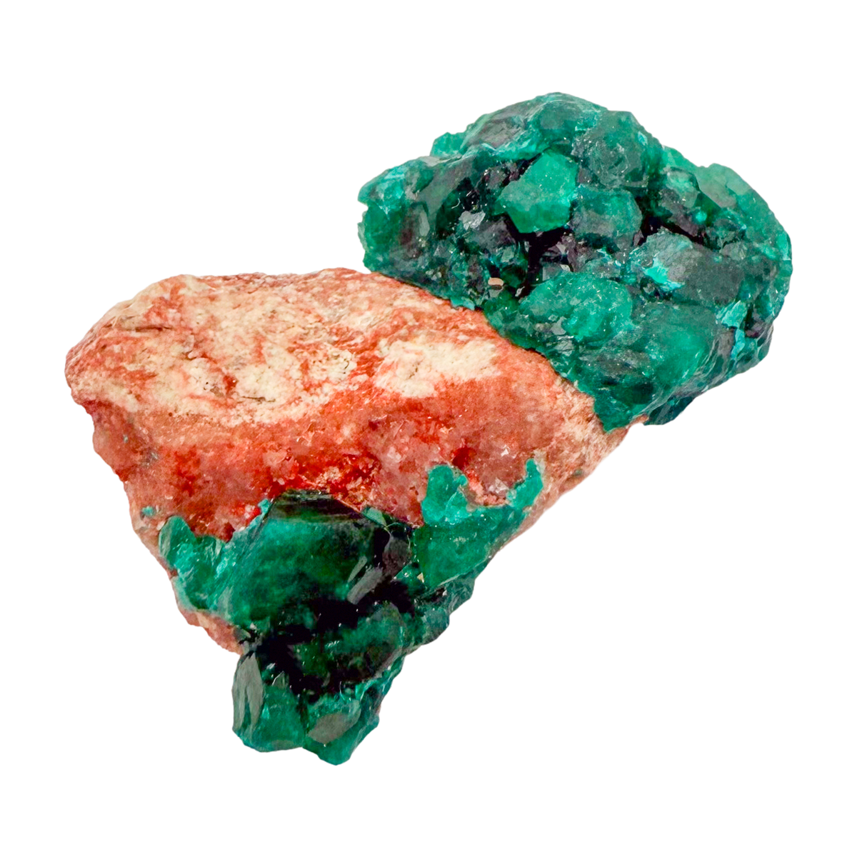 Raw dioptase crystal specimen from the Republic of the Congo, deep emerald-green druzy on matrix, specimen 19, view 3
