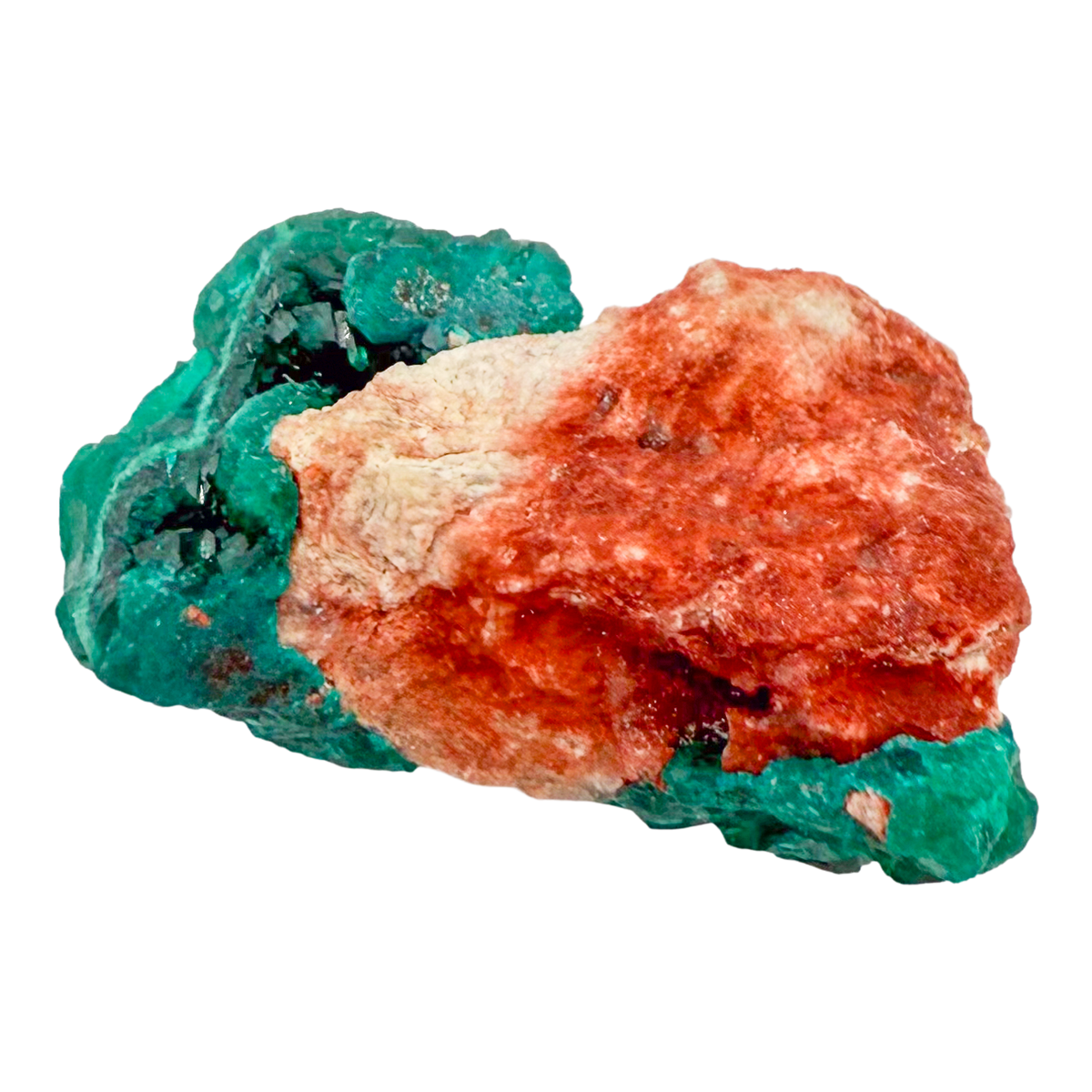 Raw dioptase crystal specimen from the Republic of the Congo, deep emerald-green druzy on matrix, specimen 19, view 6