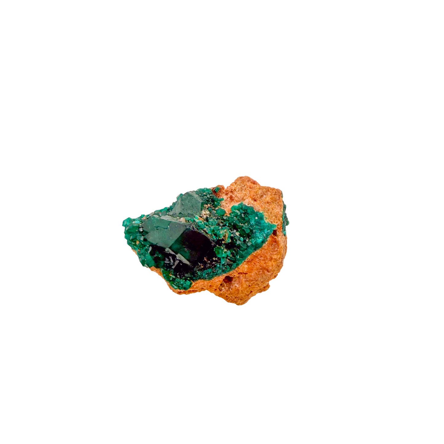 Raw dioptase crystal specimen from the Republic of the Congo, deep emerald-green druzy on matrix, specimen 20, view 1