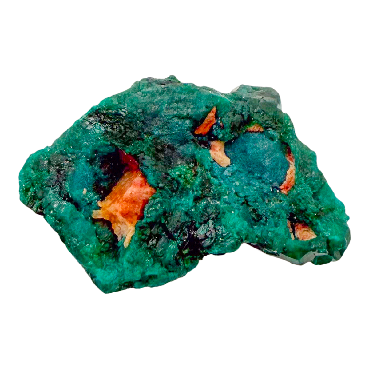 Raw dioptase crystal specimen from the Republic of the Congo, deep emerald-green druzy on matrix, specimen 4, view 1