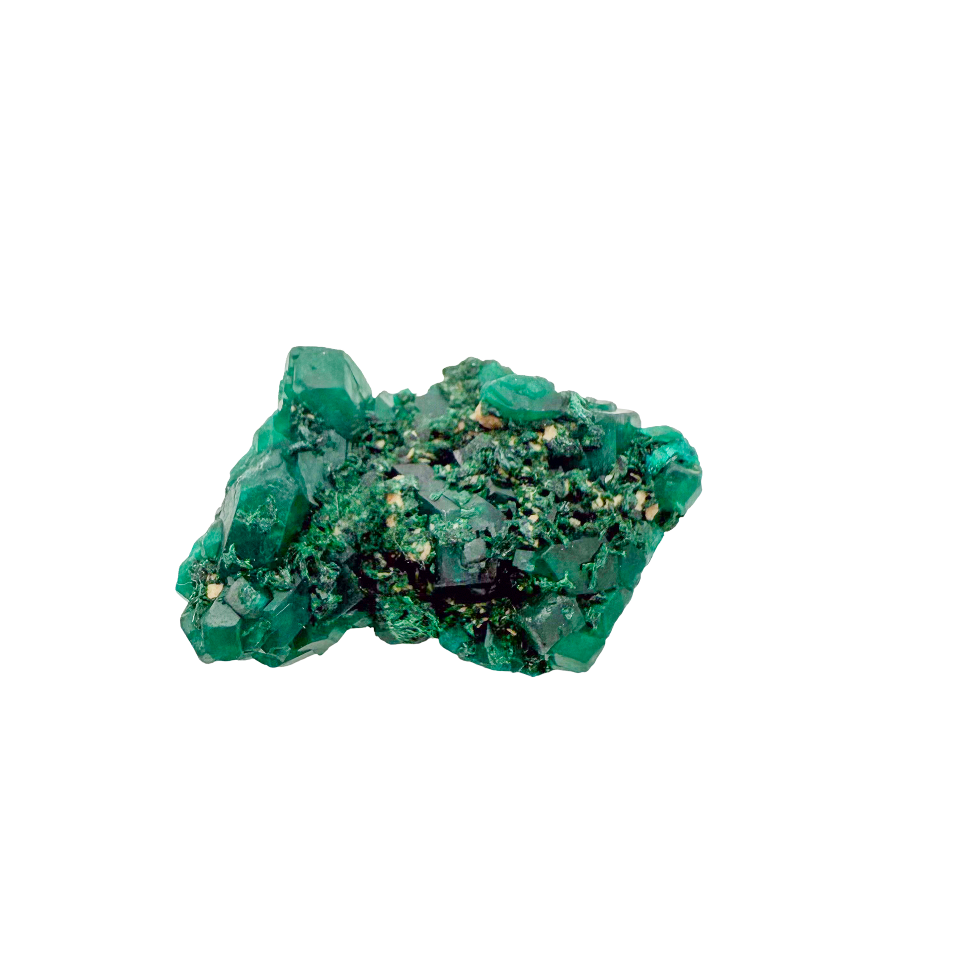 Raw dioptase crystal specimen from the Republic of the Congo, deep emerald-green druzy on matrix, specimen 4, view 2