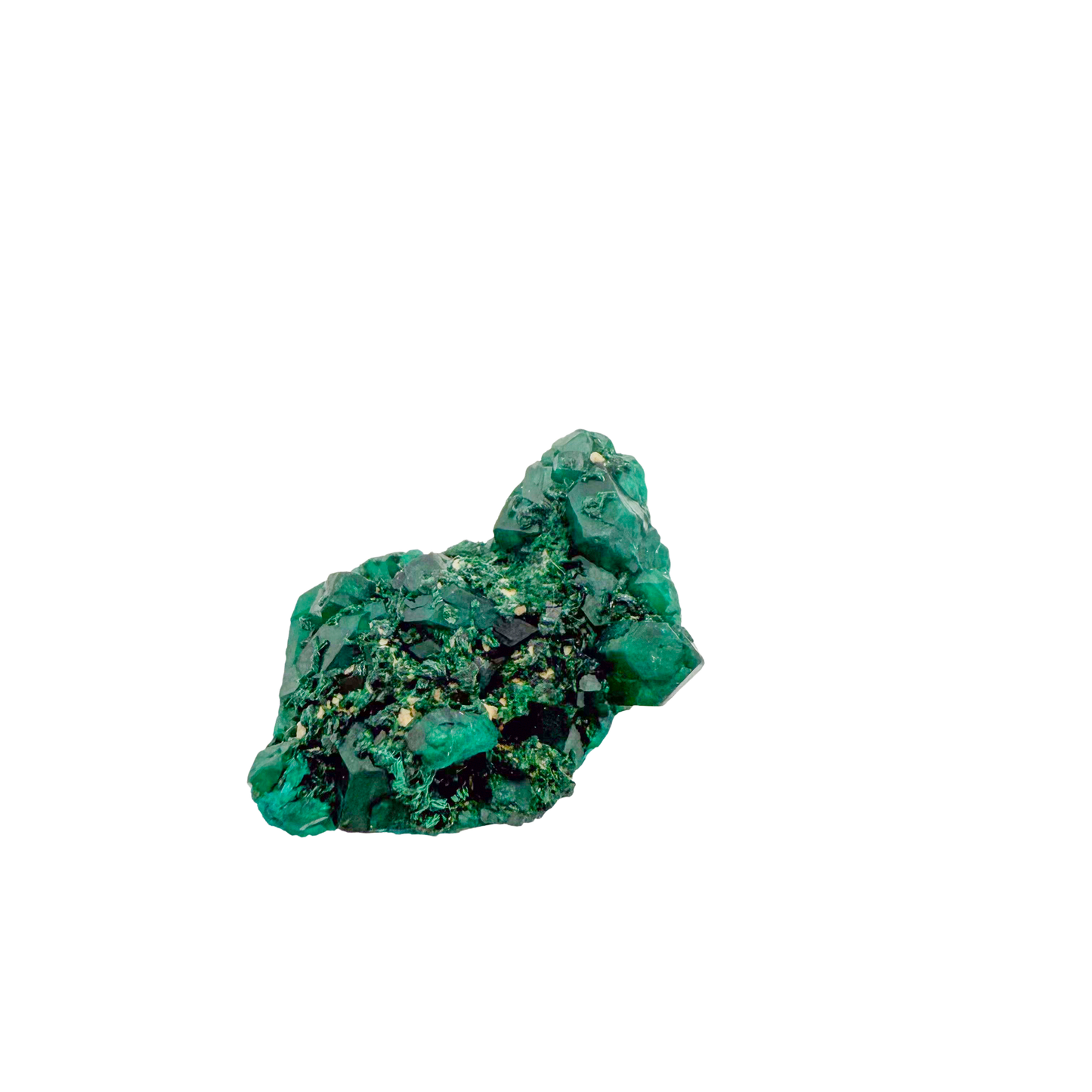 Raw dioptase crystal specimen from the Republic of the Congo, deep emerald-green druzy on matrix, specimen 4, view 3
