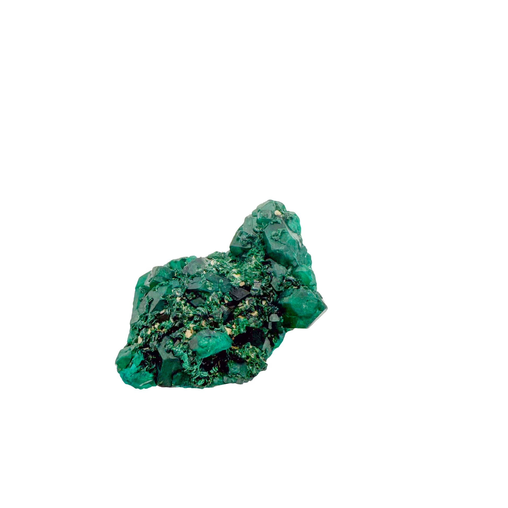 Raw dioptase crystal specimen from the Republic of the Congo, deep emerald-green druzy on matrix, specimen 4, view 3