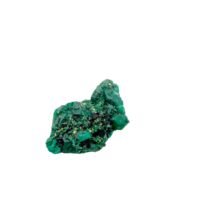 Raw dioptase crystal specimen from the Republic of the Congo, deep emerald-green druzy on matrix, specimen 4, view 3