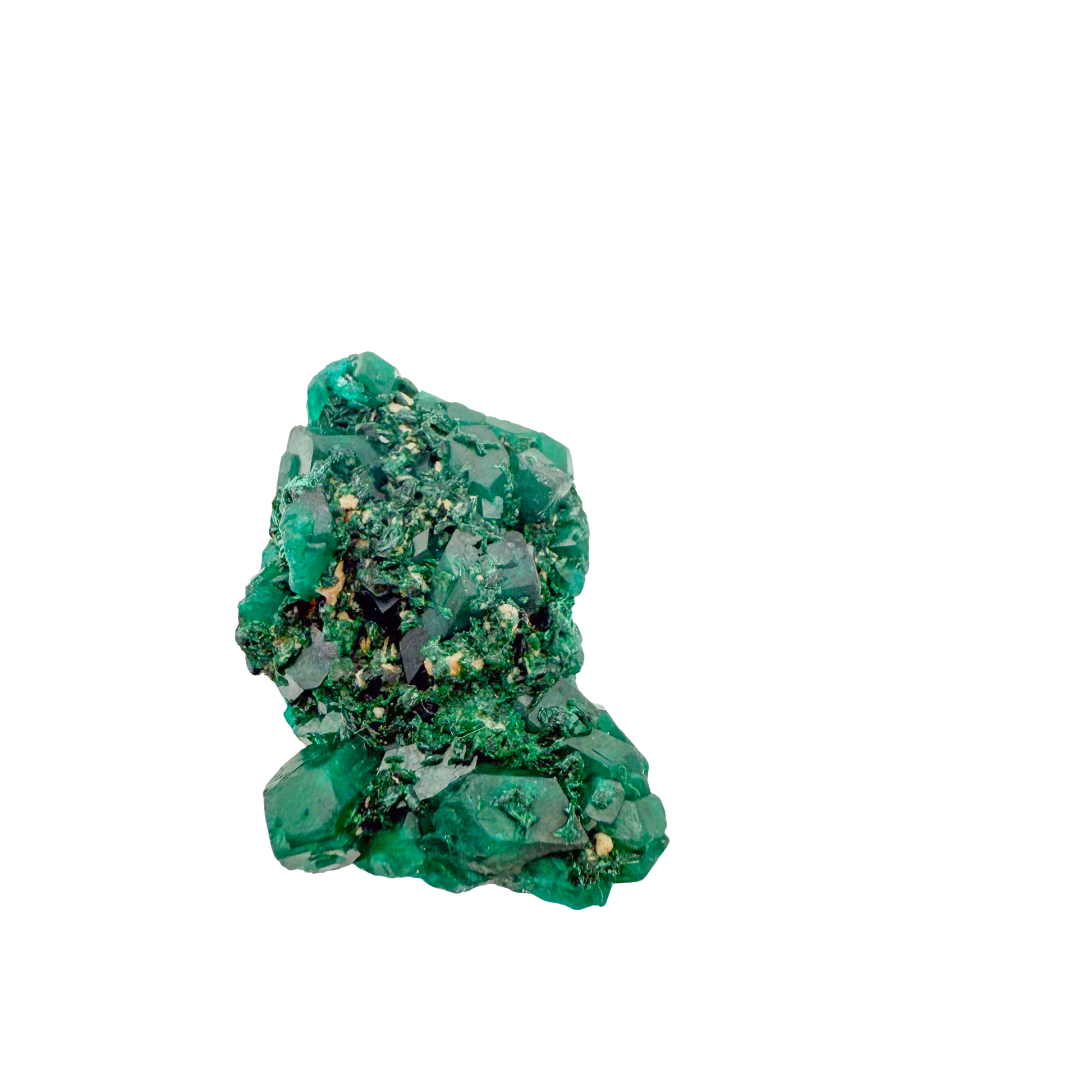 Raw dioptase crystal specimen from the Republic of the Congo, deep emerald-green druzy on matrix, specimen 4, view 4