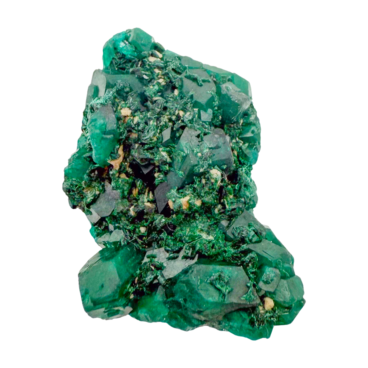 Raw dioptase crystal specimen from the Republic of the Congo, deep emerald-green druzy on matrix, specimen 4, view 4