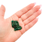 Dioptase crystal specimen from the Republic of the Congo held in hand for scale, deep emerald-green druzy, specimen 4