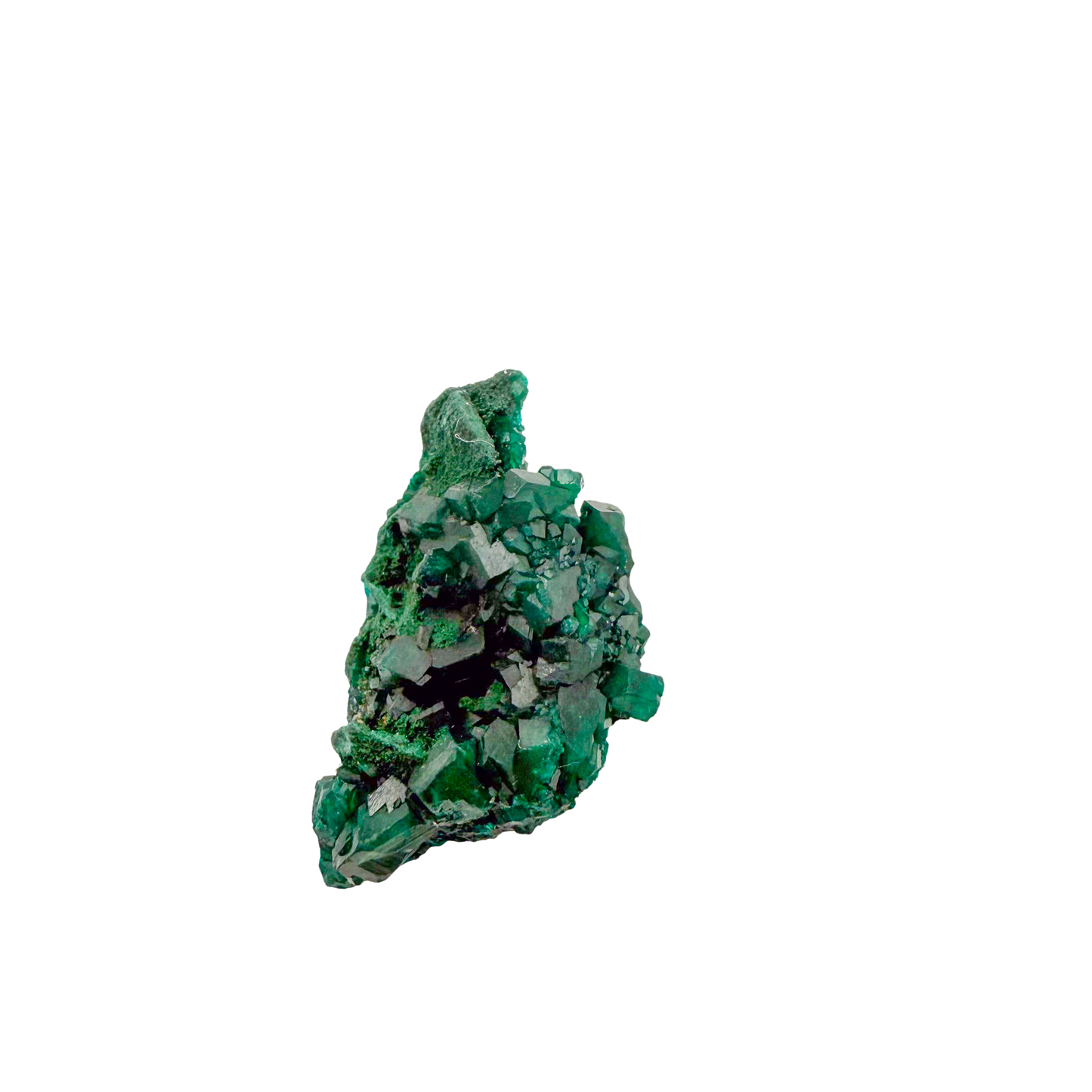 Raw dioptase crystal specimen from the Republic of the Congo, deep emerald-green druzy on matrix, specimen 5, view 2