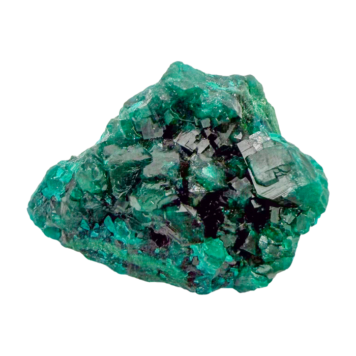 Raw dioptase crystal specimen from the Republic of the Congo, deep emerald-green druzy on matrix, specimen 6, view 1
