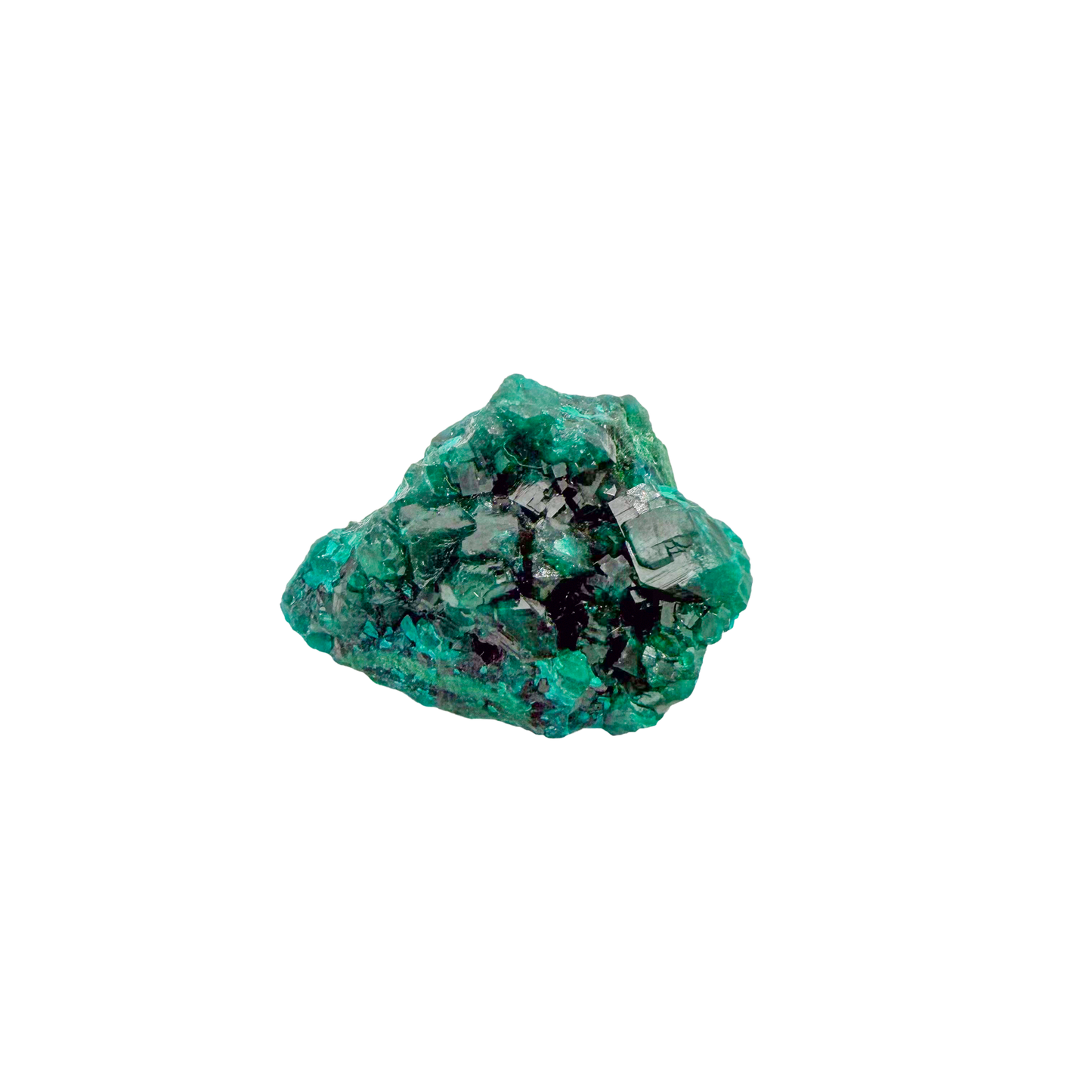 Raw dioptase crystal specimen from the Republic of the Congo, deep emerald-green druzy on matrix, specimen 6, view 1
