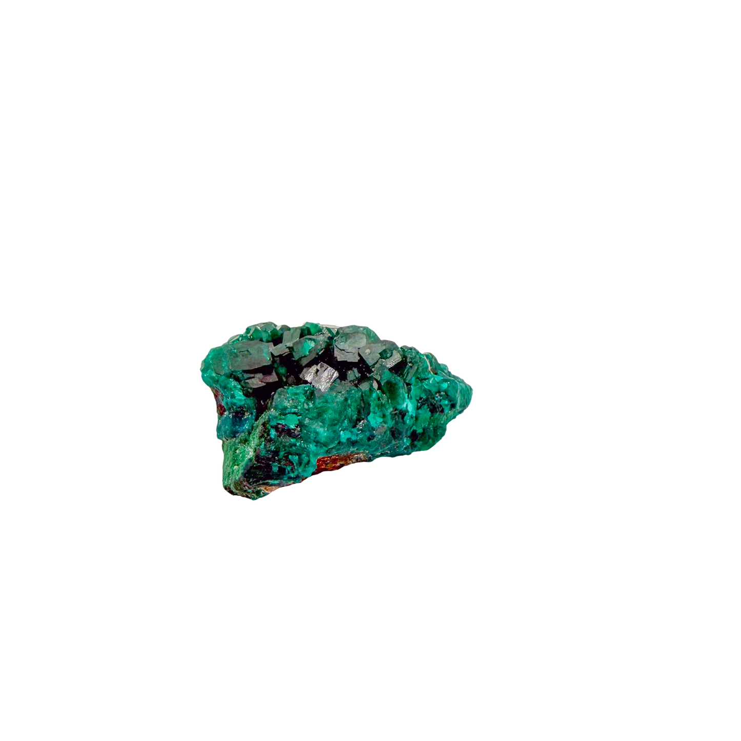Raw dioptase crystal specimen from the Republic of the Congo, deep emerald-green druzy on matrix, specimen 6, view 2