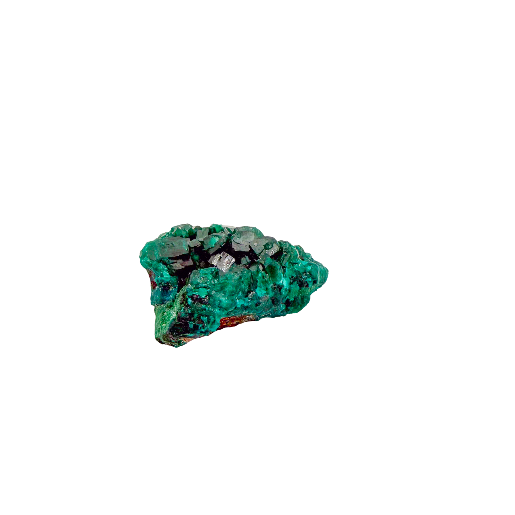 Raw dioptase crystal specimen from the Republic of the Congo, deep emerald-green druzy on matrix, specimen 6, view 2