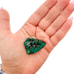 Dioptase crystal specimen from the Republic of the Congo held in hand for scale, deep emerald-green druzy, specimen 6