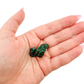 Dioptase crystal specimen from the Republic of the Congo held in hand for scale, deep emerald-green druzy, specimen 7